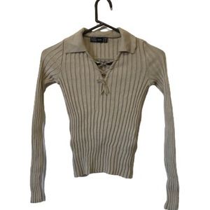 ZARA RIBBED COLLARD V-NECK FRONT TIE TAN